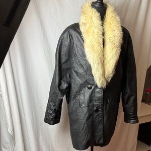 Vintage Black Leather Pea Coat with Cream Fur Collar